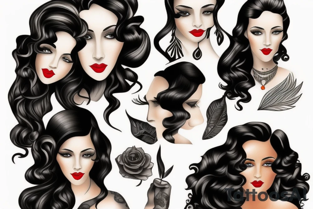 beautiful young woman long curly black hair tattoo idea