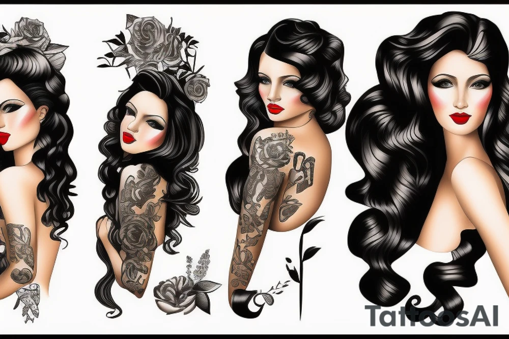 beautiful young woman long curly black hair tattoo idea