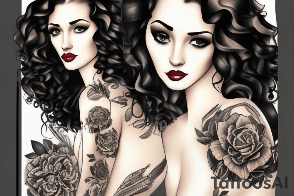 beautiful young woman long curly black hair tattoo idea
