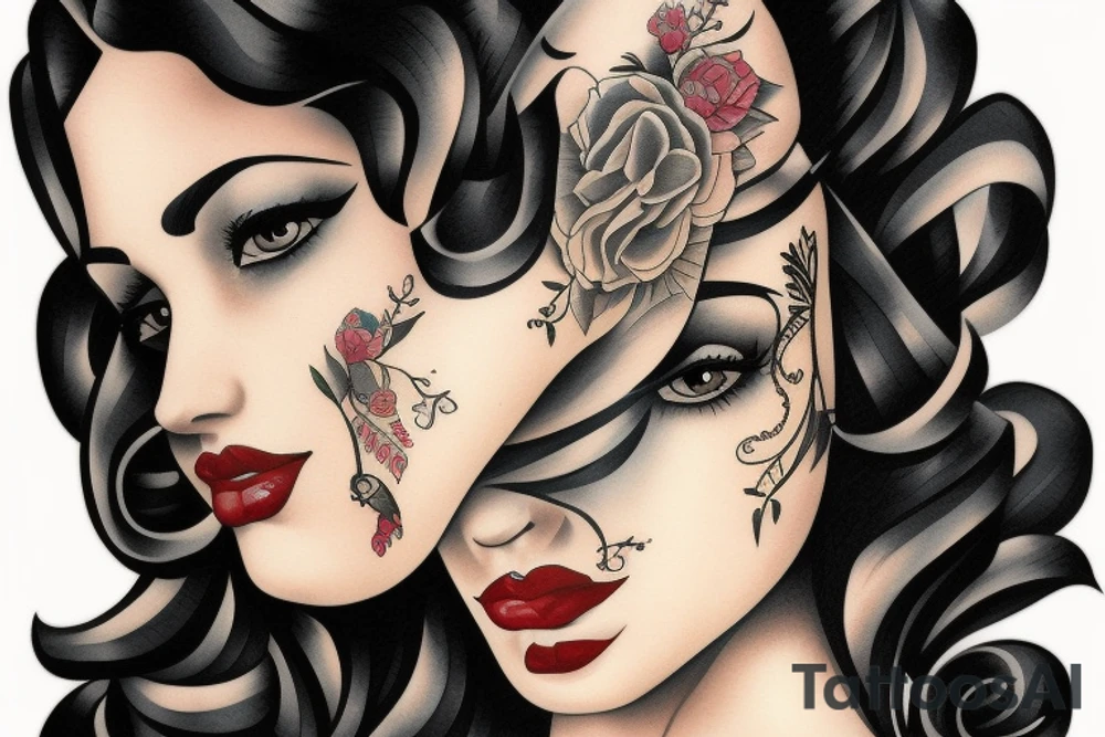 beautiful young woman long curly black hair tattoo idea