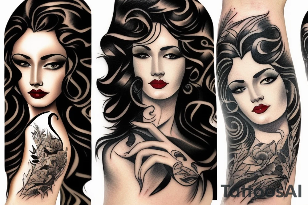 beautiful young woman long curly black hair tattoo idea