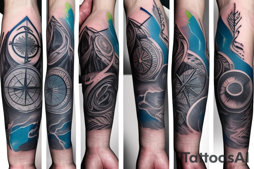 Upper arm tattoo with a dark gray abstract Nordic compass with long paint brush streaks of light blue combined with flowers tattoo idea