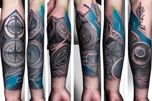Upper arm tattoo with a dark gray abstract Nordic compass with long paint brush streaks of light blue combined with flowers tattoo idea