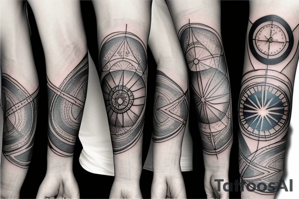 Upper arm tattoo with a dark gray abstract Nordic compass with long paint brush streaks of light blue combined with flowers tattoo idea