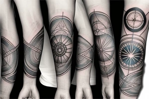 Upper arm tattoo with a dark gray abstract Nordic compass with long paint brush streaks of light blue combined with flowers tattoo idea