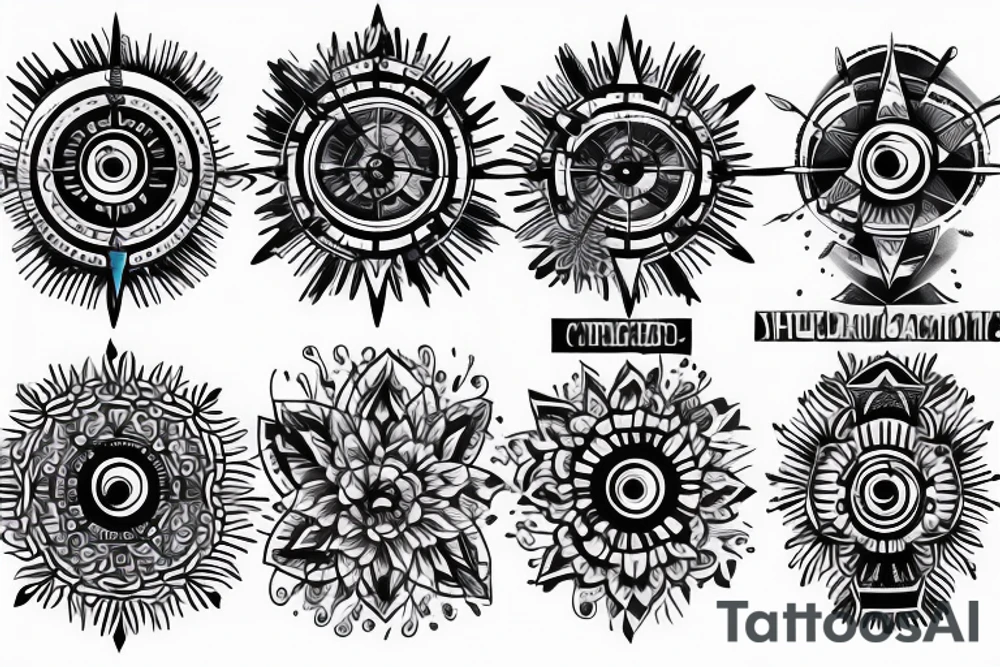 Shoulder tattoo with a dark gray abstract Nordic compass with long paint brush streaks of light blue combined with flowers tattoo idea