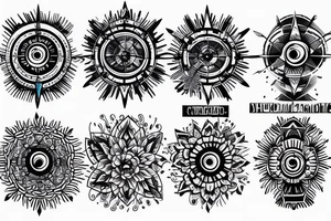 Shoulder tattoo with a dark gray abstract Nordic compass with long paint brush streaks of light blue combined with flowers tattoo idea