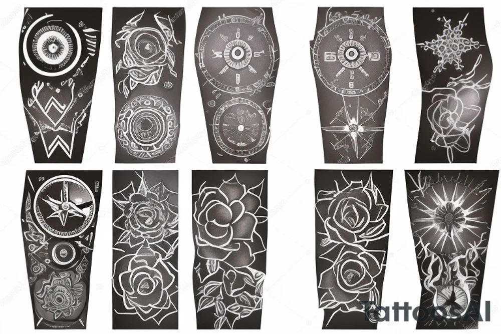 Shoulder tattoo with a dark gray abstract Nordic compass with long paint brush streaks of light blue combined with flowers tattoo idea