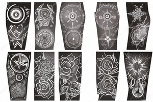 Shoulder tattoo with a dark gray abstract Nordic compass with long paint brush streaks of light blue combined with flowers tattoo idea
