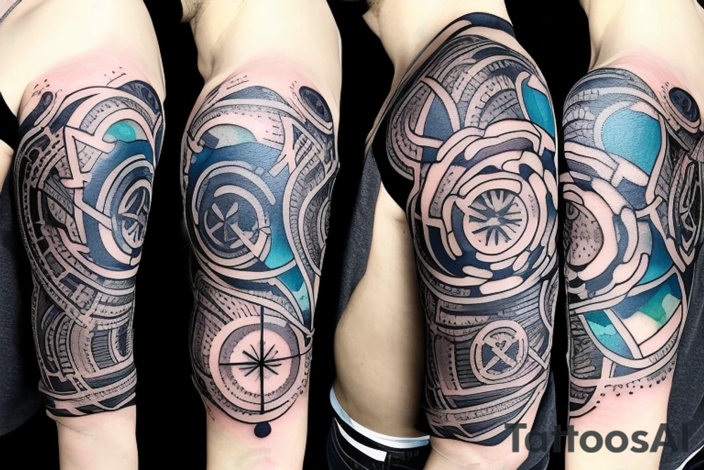 Shoulder tattoo with a dark gray abstract Nordic compass with long paint brush streaks of light blue combined with flowers tattoo idea