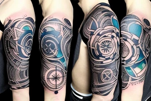 Shoulder tattoo with a dark gray abstract Nordic compass with long paint brush streaks of light blue combined with flowers tattoo idea