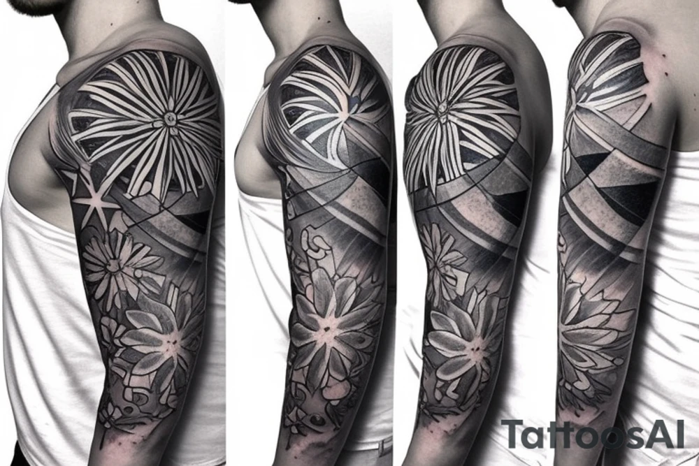Shoulder tattoo with a dark gray abstract Nordic compass with long paint brush streaks of light blue combined with flowers tattoo idea