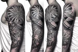 Shoulder tattoo with a dark gray abstract Nordic compass with long paint brush streaks of light blue combined with flowers tattoo idea