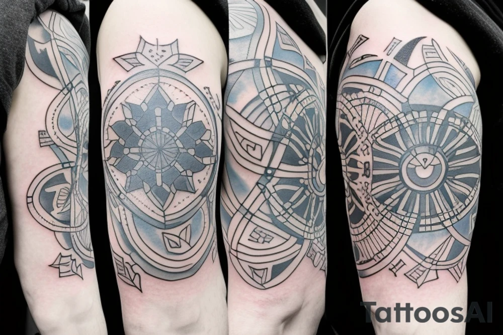 Shoulder tattoo with a dark gray abstract Nordic compass with long paint brush streaks of light blue combined with flowers tattoo idea