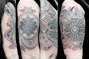 Shoulder tattoo with a dark gray abstract Nordic compass with long paint brush streaks of light blue combined with flowers tattoo idea