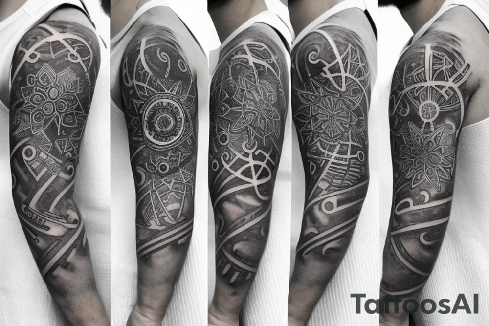 Shoulder tattoo with a dark gray abstract Nordic compass with long paint brush streaks of light blue combined with flowers tattoo idea
