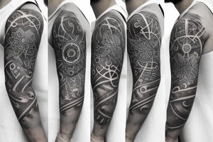 Shoulder tattoo with a dark gray abstract Nordic compass with long paint brush streaks of light blue combined with flowers tattoo idea