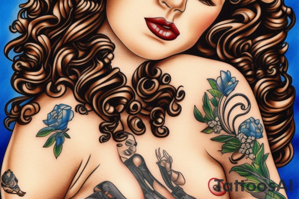 curly haired brunette riding motorcycle tattoo idea