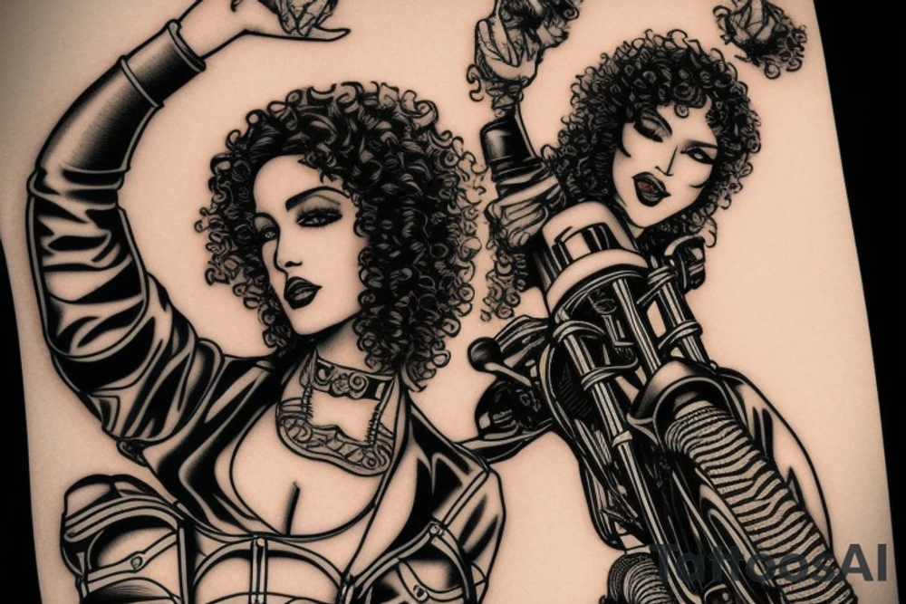 curly haired brunette riding motorcycle tattoo idea
