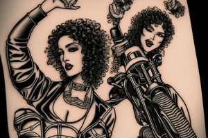 curly haired brunette riding motorcycle tattoo idea