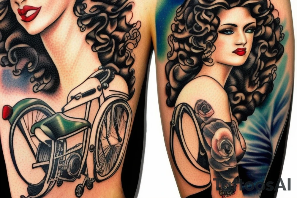 curly haired brunette riding motorcycle tattoo idea