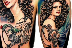 curly haired brunette riding motorcycle tattoo idea