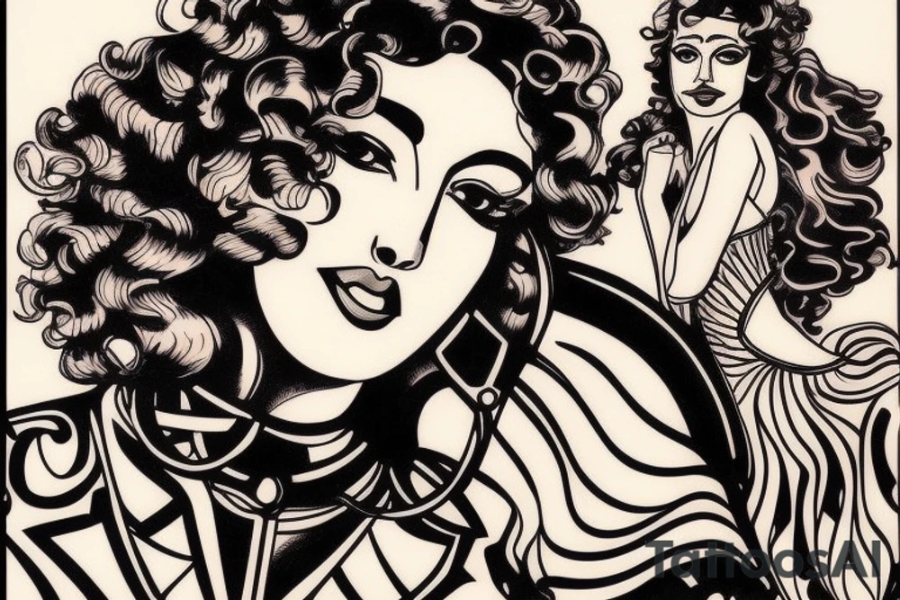 curly haired brunette riding motorcycle tattoo idea