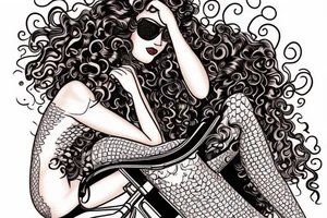 curly haired brunette riding motorcycle tattoo idea