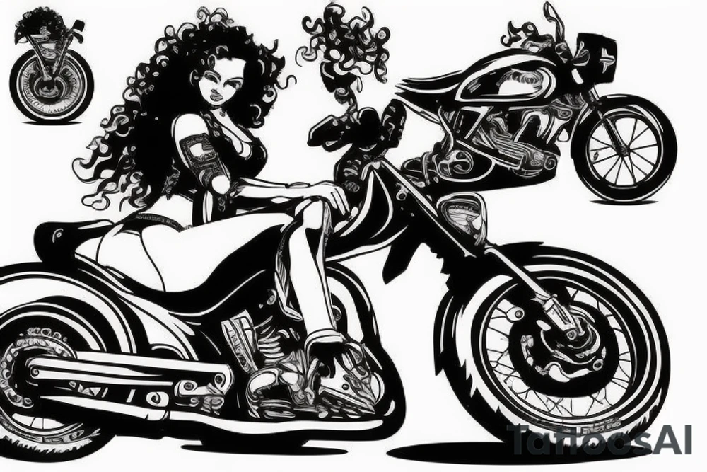curly haired brunette riding motorcycle tattoo idea