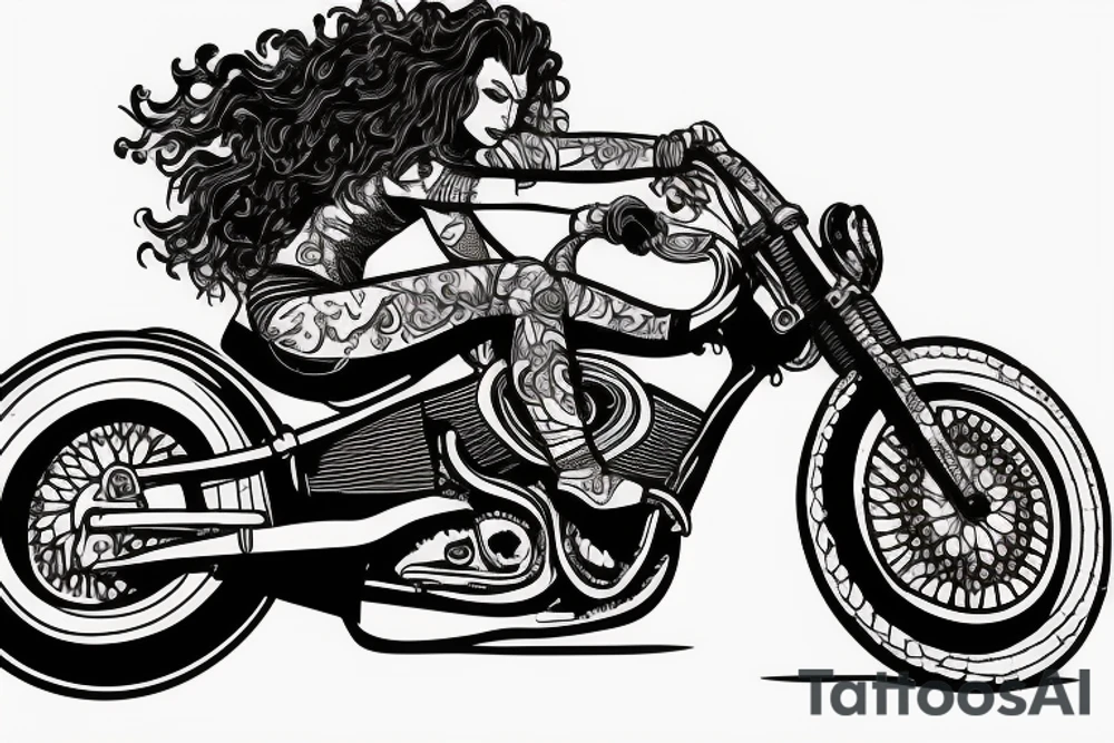 curly haired brunette riding motorcycle tattoo idea