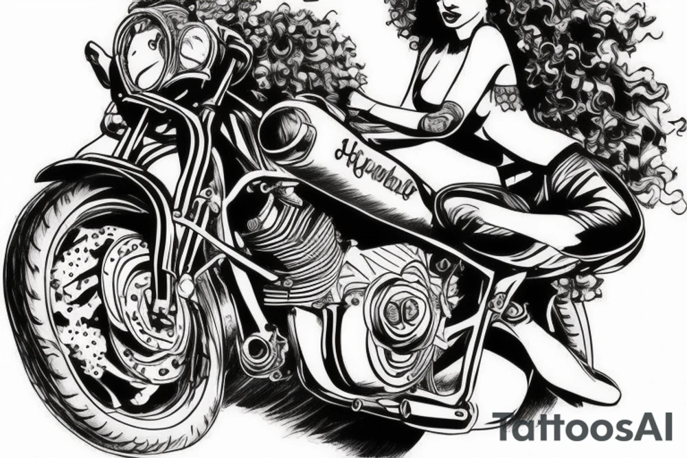 curly haired brunette riding motorcycle tattoo idea