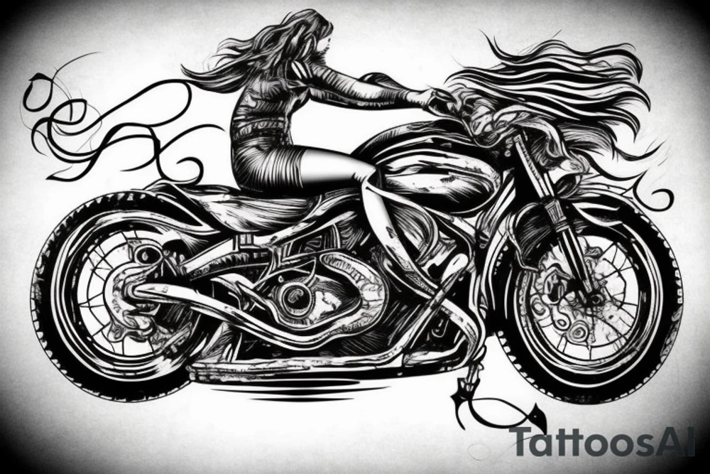 curly haired brunette riding motorcycle tattoo idea