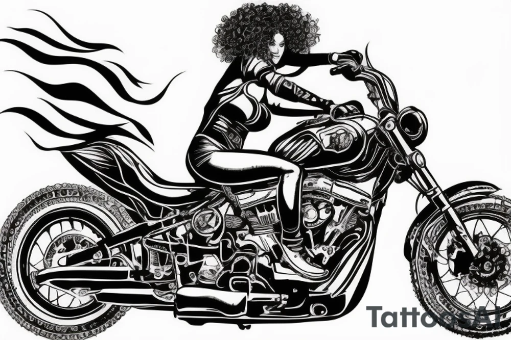 curly haired brunette riding motorcycle tattoo idea