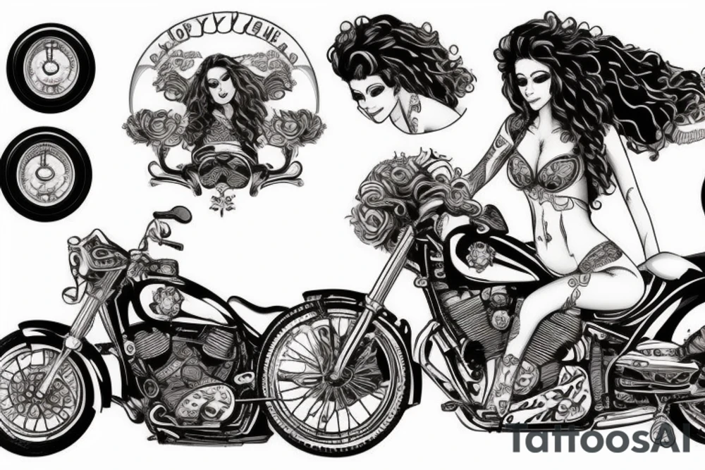 curly haired brunette riding motorcycle tattoo idea