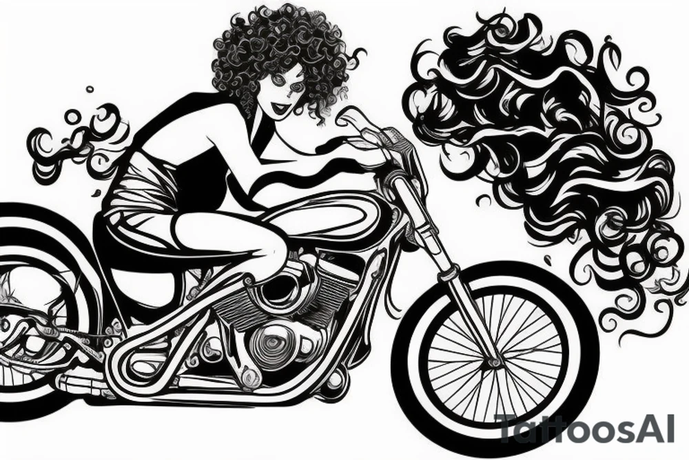 curly haired brunette riding motorcycle tattoo idea