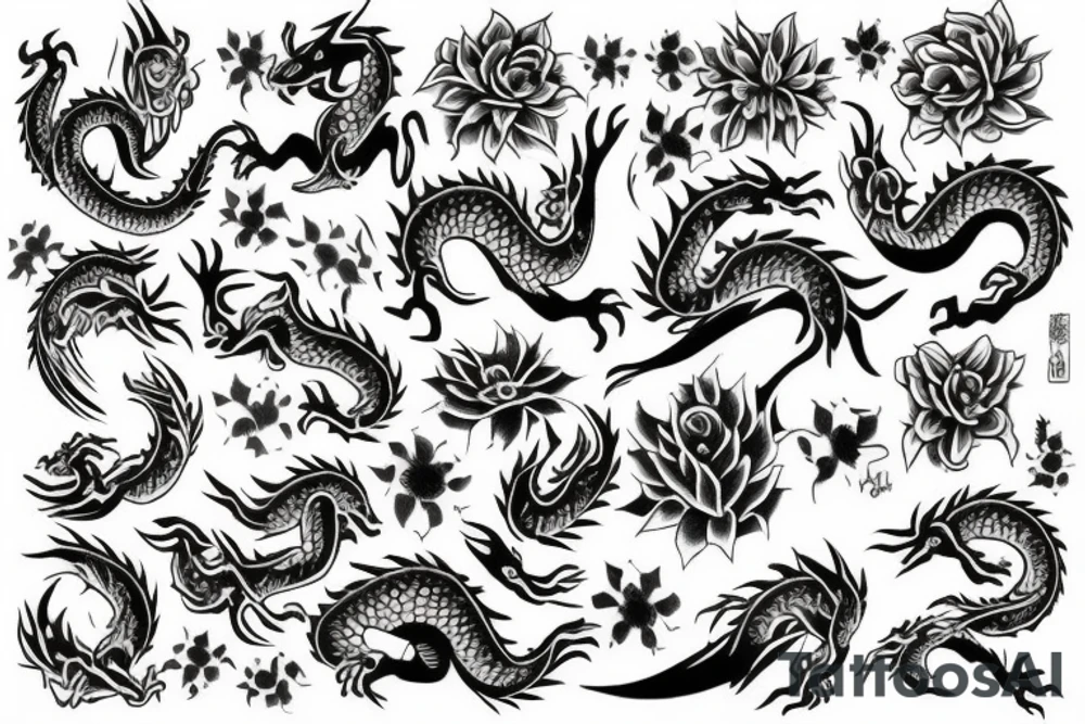 Dragons and flowers tattoo idea