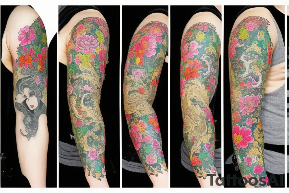 Dragons and flowers, arm sleeve tattoo idea