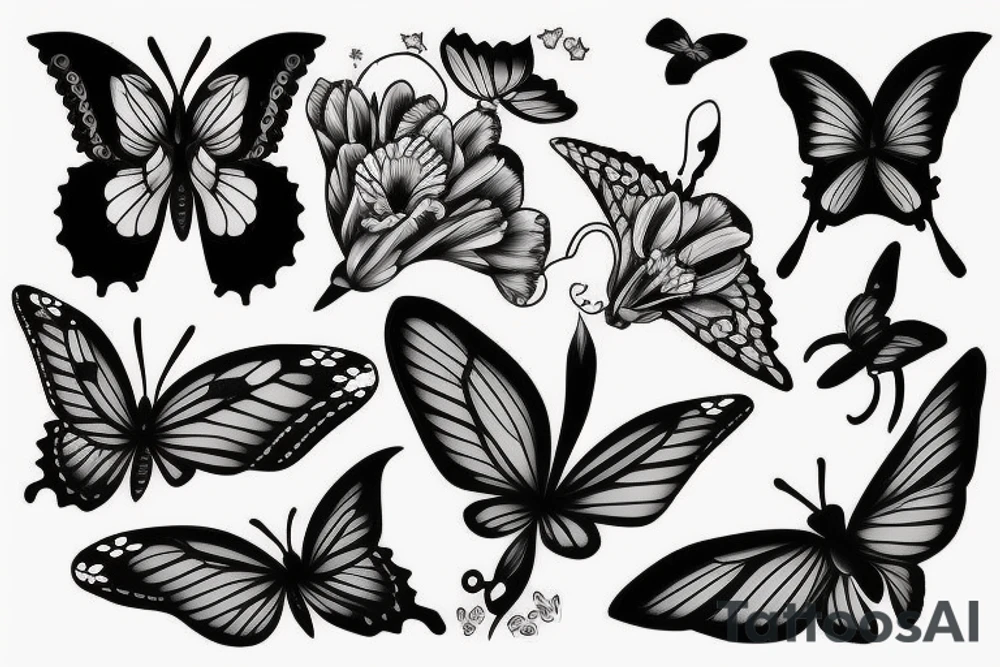 Butterfly with orcas around and tulip tattoo idea