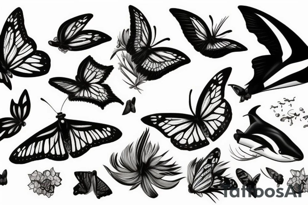 Butterfly with orcas around tattoo idea