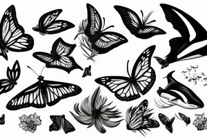 Butterfly with orcas around tattoo idea
