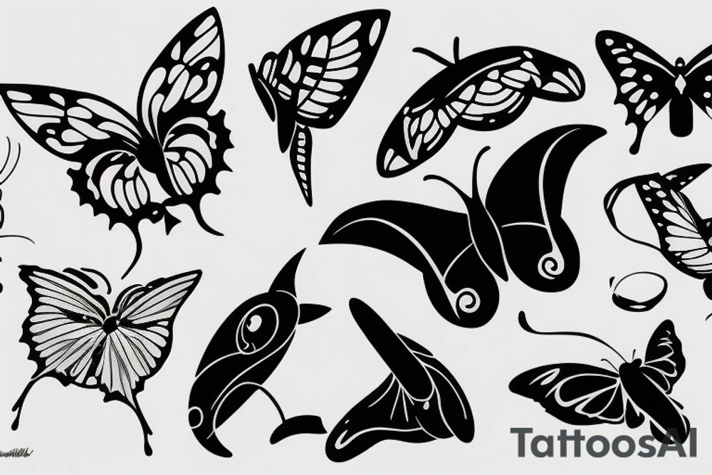 Butterfly with orcas around tattoo idea