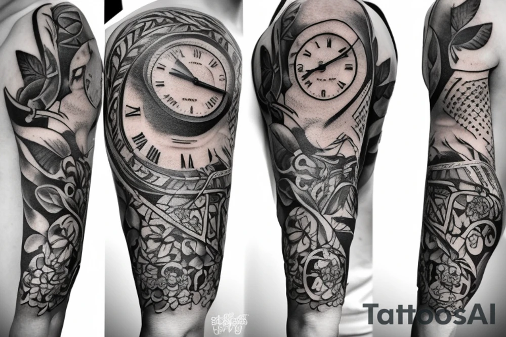 A shoulder tattoo of a clock wrapped in wreath tattoo idea A shoulder tattoo of a clock wrapped in wreath tattoo idea