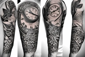 A shoulder tattoo of a clock wrapped in wreath tattoo idea