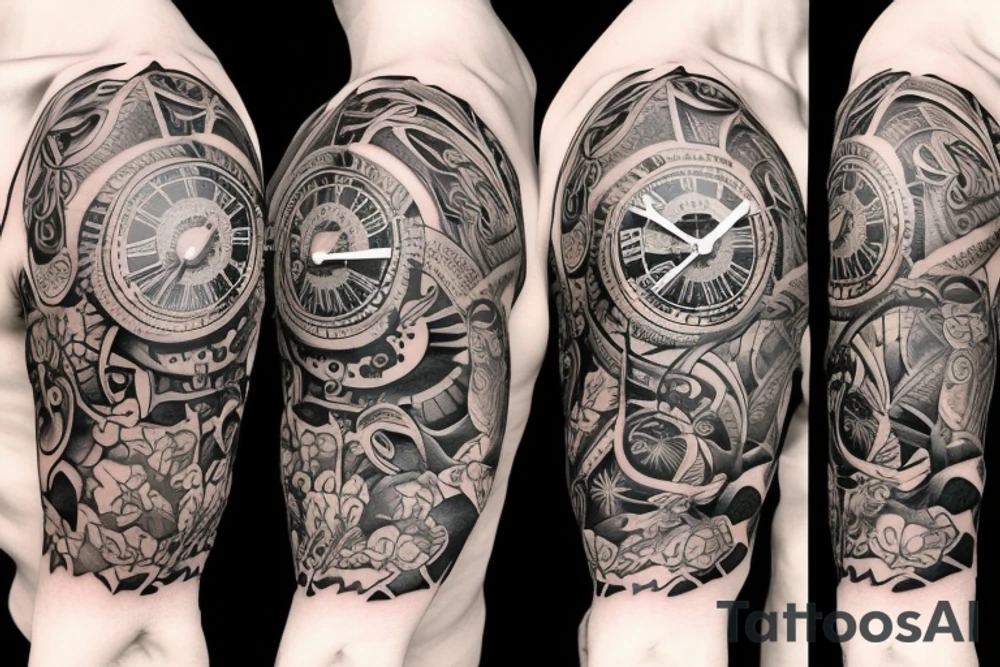 A shoulder tattoo of a clock wrapped in wreath tattoo idea