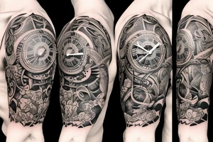 A shoulder tattoo of a clock wrapped in wreath tattoo idea