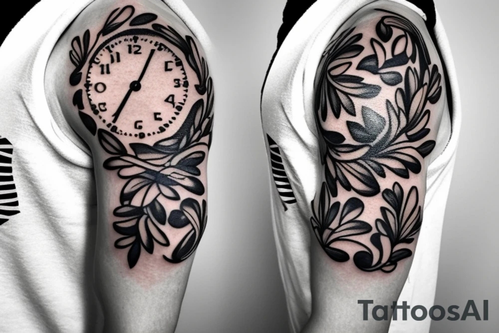 A minimalist shoulder tattoo of a clock wrapped in wreath tattoo idea