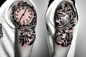 A minimalist shoulder tattoo of a clock wrapped in wreath tattoo idea