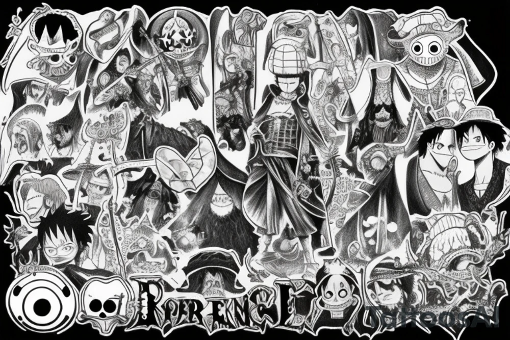 One piece iconic scenes combined with lord of the rings tree of Gondor tattoo idea