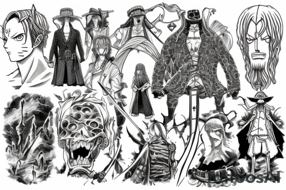 One piece iconic scenes combined with lord of the rings tree of Gondor tattoo idea