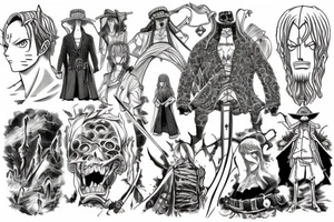 One piece iconic scenes combined with lord of the rings tree of Gondor tattoo idea